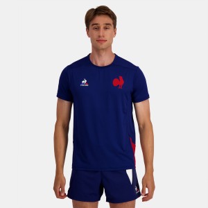 Blue Men's Le Coq Sportif France Rugby FFR T-Shirts | OFNVK-5417 | Australia
